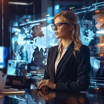 Businesswoman analyzing cybersecurity trends on a holographic interface - Image 3