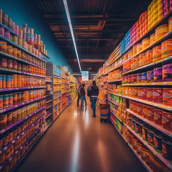 Canned goods aisle with shoppers exploring colorful product options. - Image 1