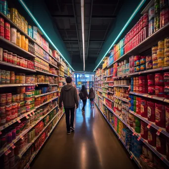 Canned goods aisle with shoppers exploring colorful product options. - Image 2