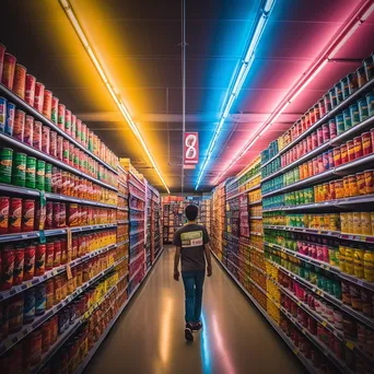 Canned goods aisle with shoppers exploring colorful product options. - Image 3