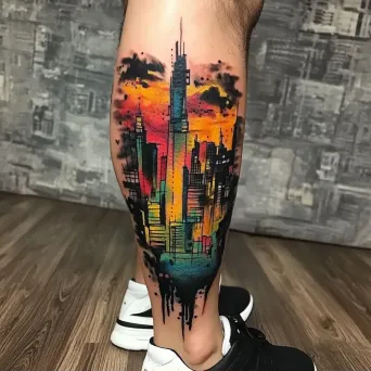 A leg tattoo with vivid colors set against a grayscale cityscape - Image 1