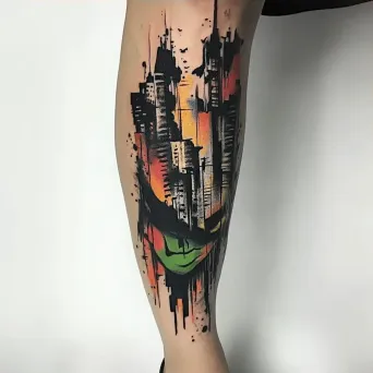 A leg tattoo with vivid colors set against a grayscale cityscape - Image 3