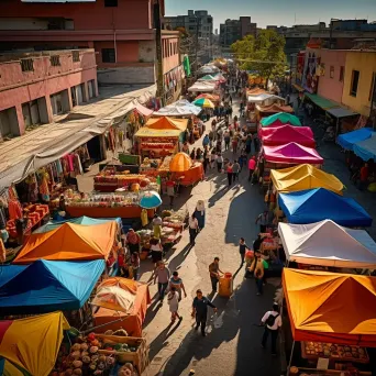 Aerial view of bustling city market with colorful tents and people - Image 2