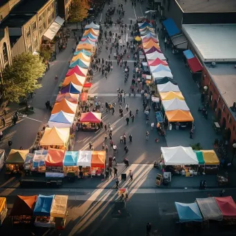 Aerial view of bustling city market with colorful tents and people - Image 3