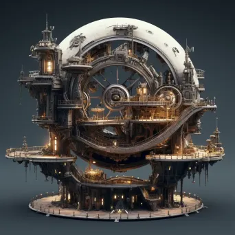 Low poly rendition of a steampunk-style moon base with industrial highlights - Image 1