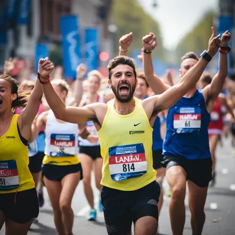 Marathon runners crossing the finish line with cheering crowd - Image 1