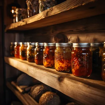 Close-up of homemade preserves on shelf in root cellar. - Image 1