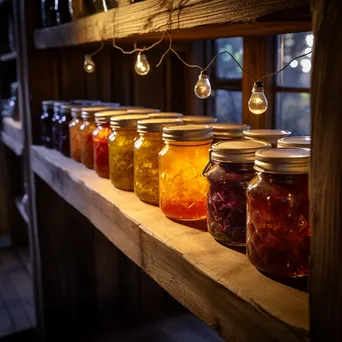 Close-up of homemade preserves on shelf in root cellar. - Image 2