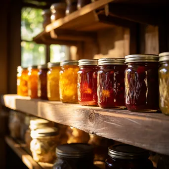 Close-up of homemade preserves on shelf in root cellar. - Image 4