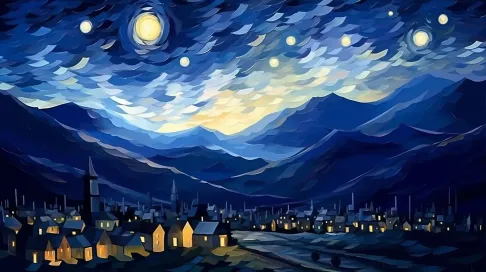 Impressionist starry night in tones of blue, low poly style - Image 3