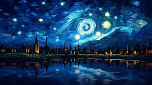 Impressionist starry night in tones of blue, low poly style - Image 4