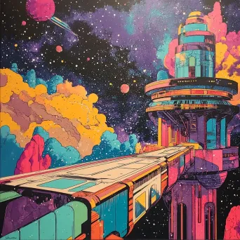 Pop art style superhero space station overlooking a vibrant nebula - Image 1