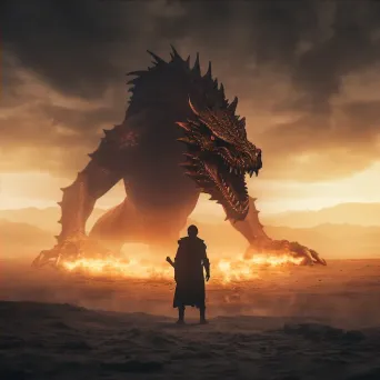 Knight confronting a fire-breathing dragon in a desolate landscape - Image 4