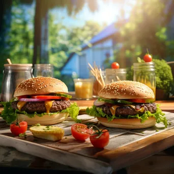 Burgers grilling with toppings on a bright summer day - Image 2