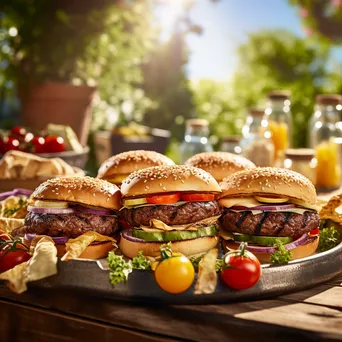 Burgers grilling with toppings on a bright summer day - Image 3