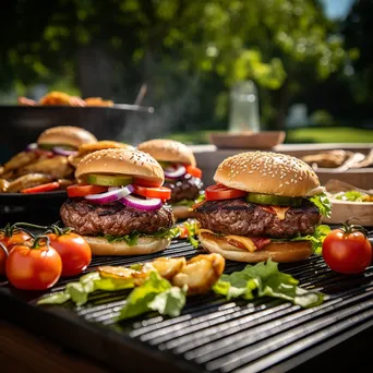 Burgers grilling with toppings on a bright summer day - Image 4