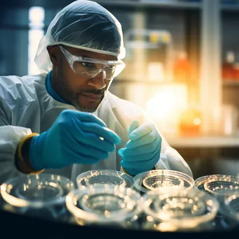 Close-up of a scientist with gloves handling petri dishes. - Image 3