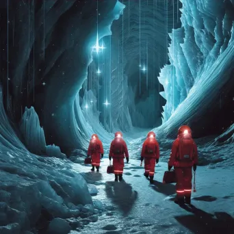 Illustration of explorers in exosuits exploring icy comet caves - Image 4