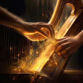 Hand plucking the strings of a harp under soft golden light - Image 1