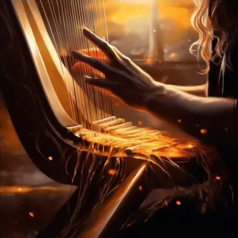 Hand plucking the strings of a harp under soft golden light - Image 4