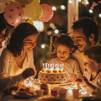 Family celebrating a birthday with decorations and joyful children. - Image 1