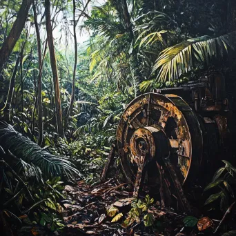 Dramatic acrylic painting depicting ancient machinery engulfed by a dense jungle, influenced by Rousseau