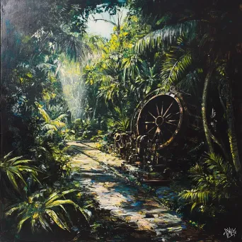 Dramatic acrylic painting depicting ancient machinery engulfed by a dense jungle, influenced by Rousseau