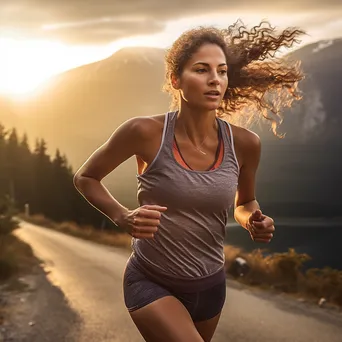 Female runner sprinting on a scenic trail at sunrise. - Image 1