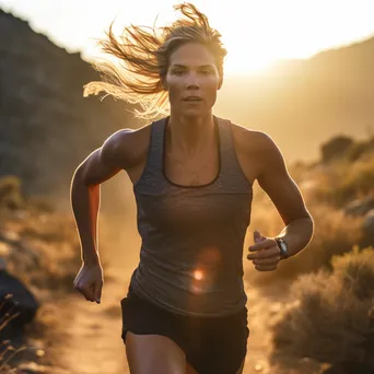 Female runner sprinting on a scenic trail at sunrise. - Image 3