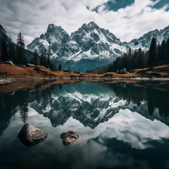 Mountain lake with reflections in black and white high contrast - Image 1