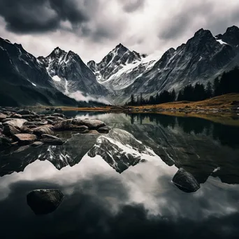 Mountain lake with reflections in black and white high contrast - Image 3