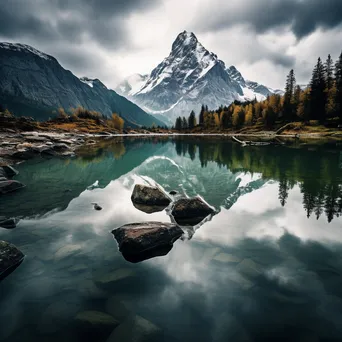 Mountain lake with reflections in black and white high contrast - Image 4