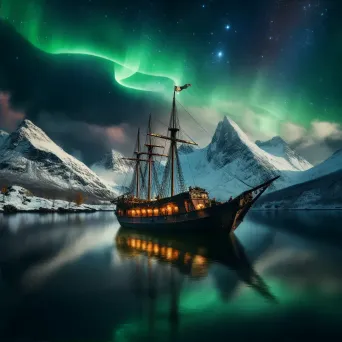 Viking longship sailing through a fjord under the northern lights - Image 2