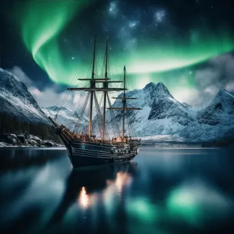 Viking longship sailing through a fjord under the northern lights - Image 4