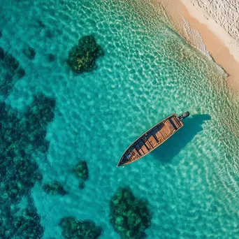 Aerial view of traditional pearl diving boat near beach - Image 1