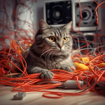 Playful cat tangled in digital wires with 