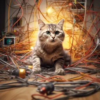 Playful cat tangled in digital wires with 