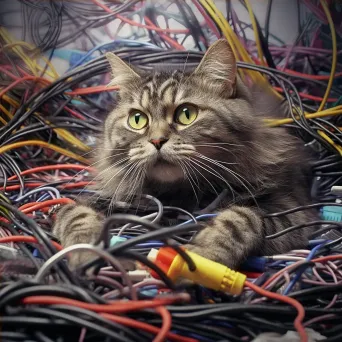 Playful cat tangled in digital wires with 