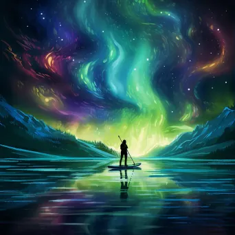 Paddleboarder under the Northern Lights painted with a neon digital palette - Image 1