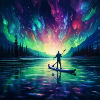 Paddleboarder under the Northern Lights painted with a neon digital palette - Image 2