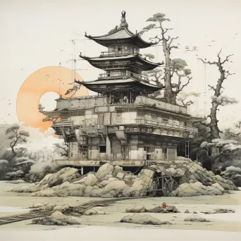 Ink wash painting of a shrine built on a tank