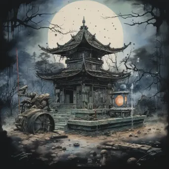 Ink wash painting of a shrine built on a tank