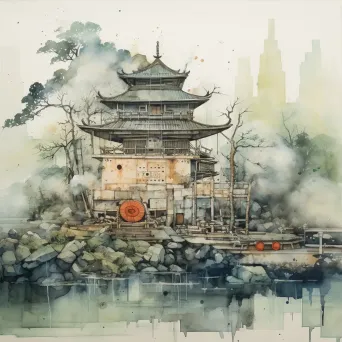 Ink wash painting of a shrine built on a tank