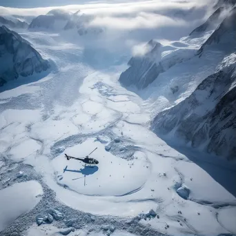 Glacier aerial view with helicopters transporting supplies, icy terrain scene - Image 1