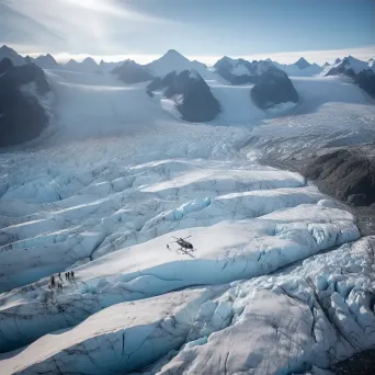 Glacier aerial view with helicopters transporting supplies, icy terrain scene - Image 3