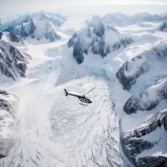 Glacier aerial view with helicopters transporting supplies, icy terrain scene - Image 4