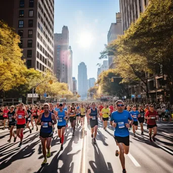 Urban marathon runners racing through city streets with cheering spectators - Image 1