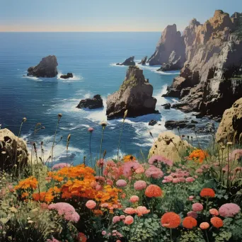 Illustration of colorful flowers on a cliffside overlooking the ocean - Image 3