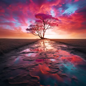 Giant trees resembling paintbrushes with colors spilling onto the ground under a vibrant sky. - Image 1