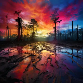 Giant trees resembling paintbrushes with colors spilling onto the ground under a vibrant sky. - Image 3